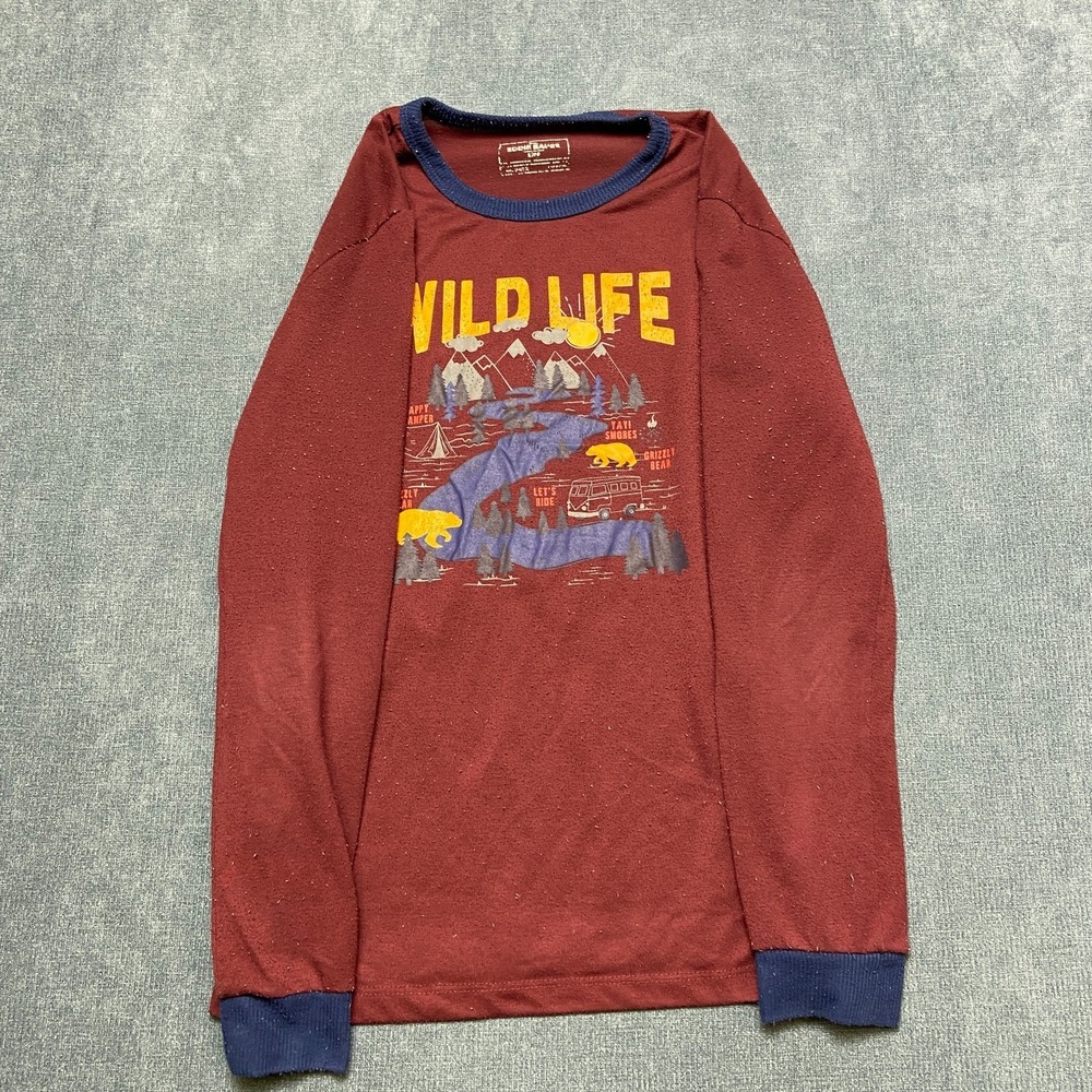 Eddie Bauer Shirt Kids Boys Large 14-16 Burgundy Wildlife Graphic Long Sleeve